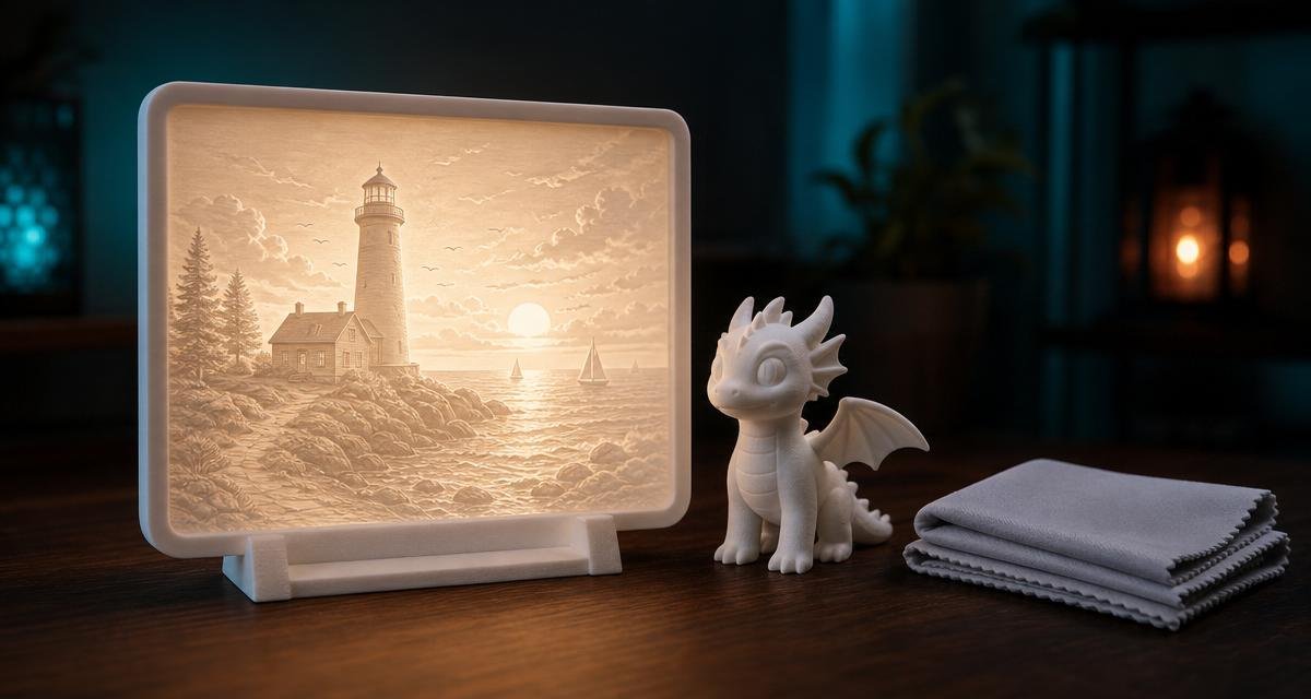 A 3D printed lithophane panel illuminated from behind, displayed on a stand next to a small printed figurine.