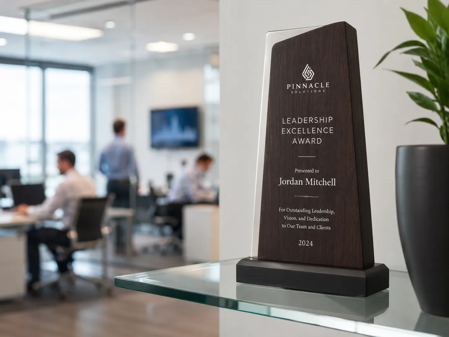Modern office award display shot showing a sleek dark wood and brushed metal award standing on a glass shelf in a bright
