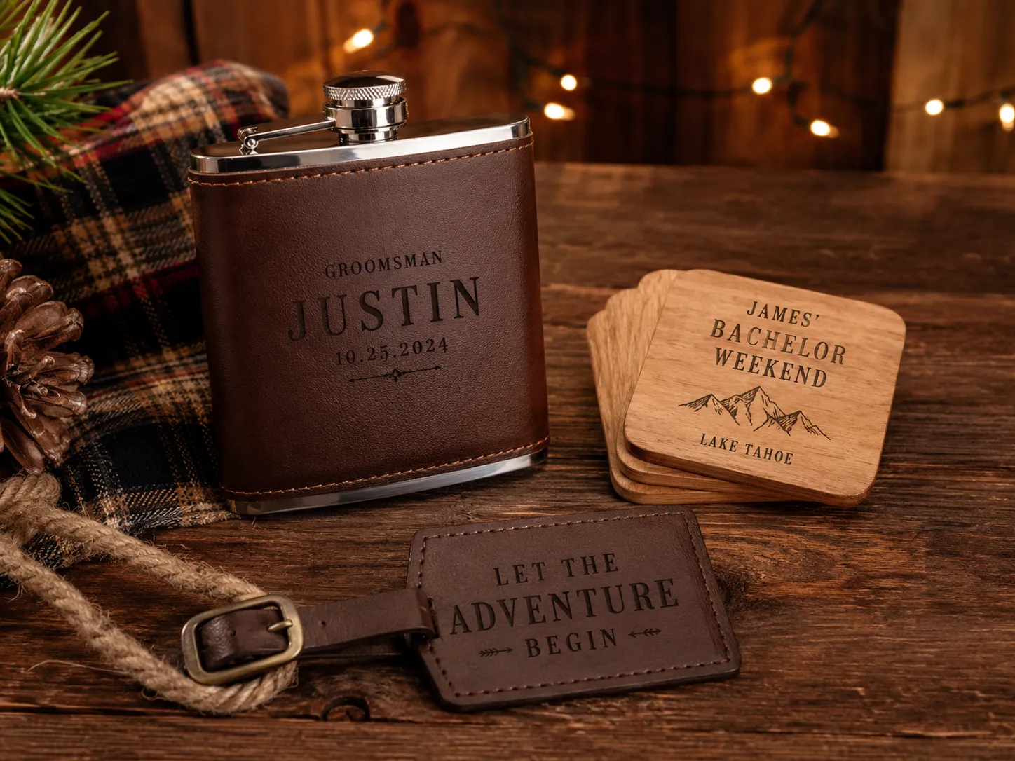 Flat-lay on a wood cabin table showing a personalized leather flask