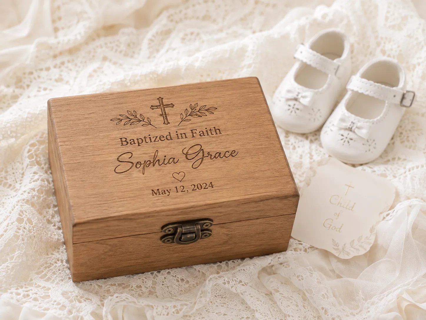 Soft and tender photo of a small engraved wood keepsake box resting on a lace-trimmed baby blanket
