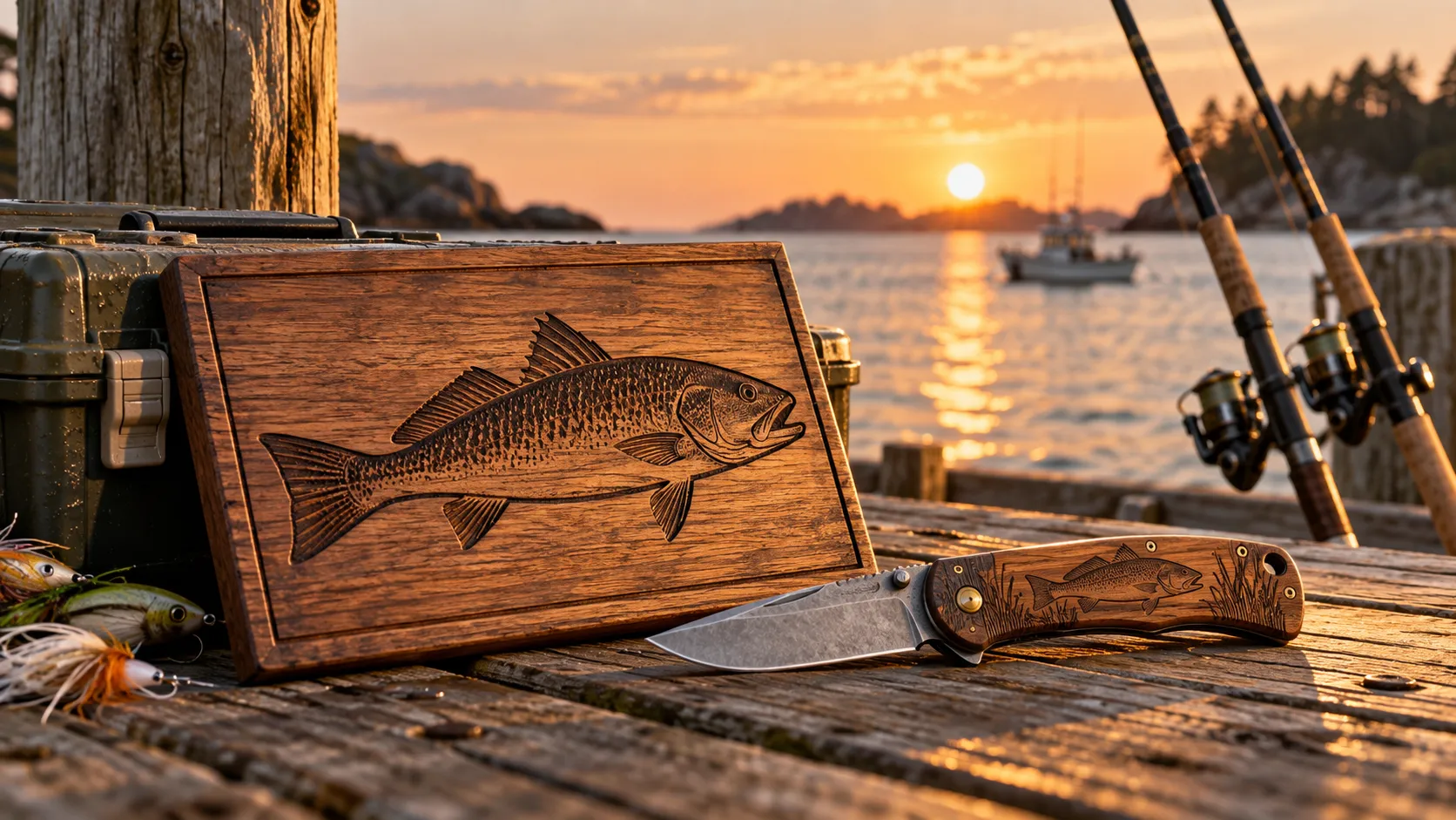 Engraved wood plaque with a fish silhouette and a folding knife on a dock at sunset