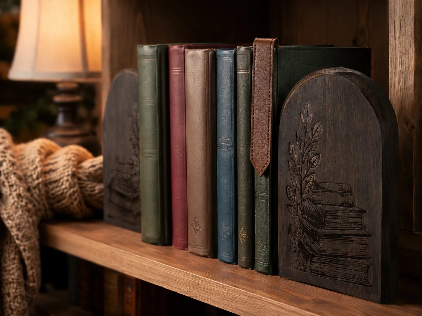 Cozy reading nook scene with a pair of engraved dark wood bookends holding up a small stack of hardcover books on a wood shelf