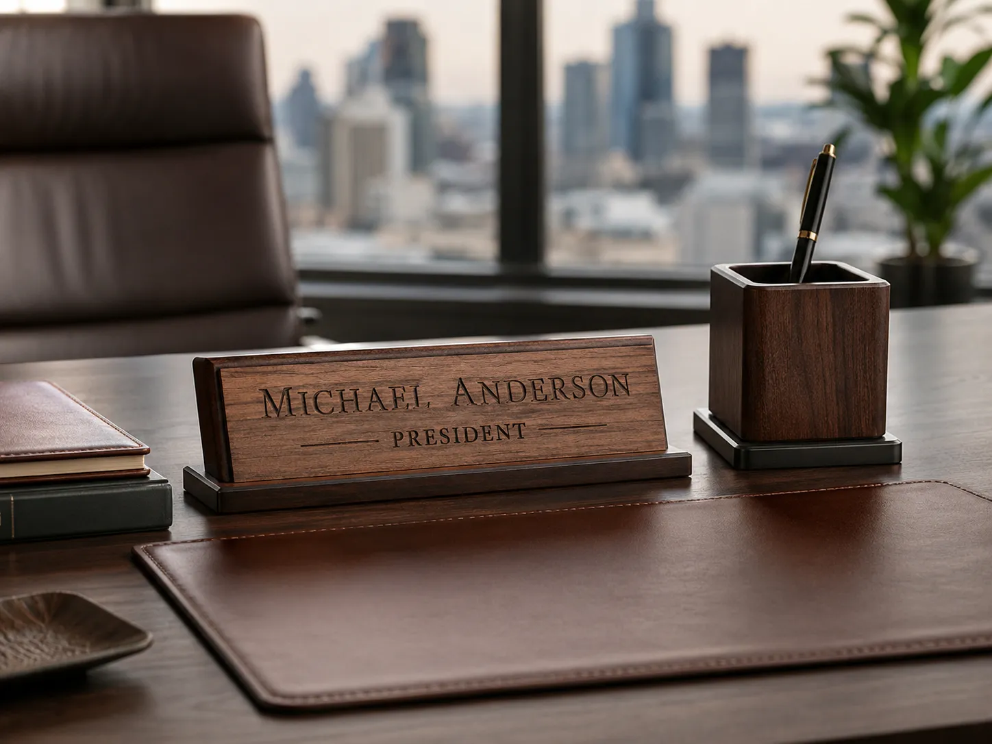 Clean office desk scene showing a dark wood engraved desk nameplate