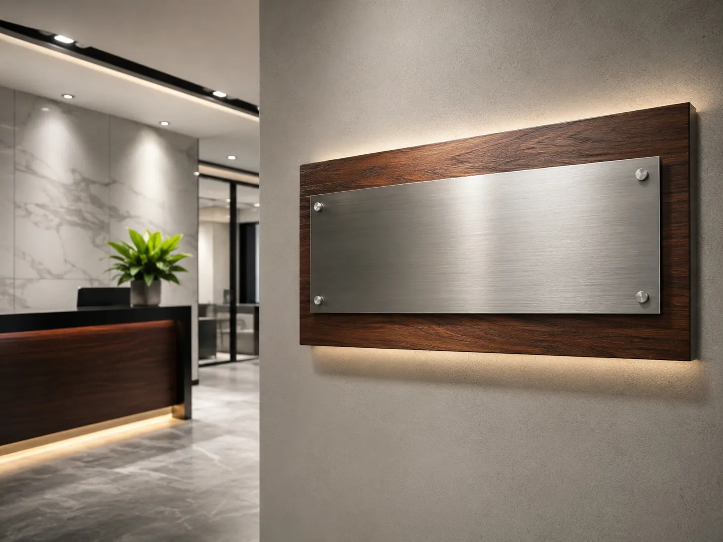 Modern office entryway showing a sleek wood and brushed metal sign mounted on a light gray accent wall