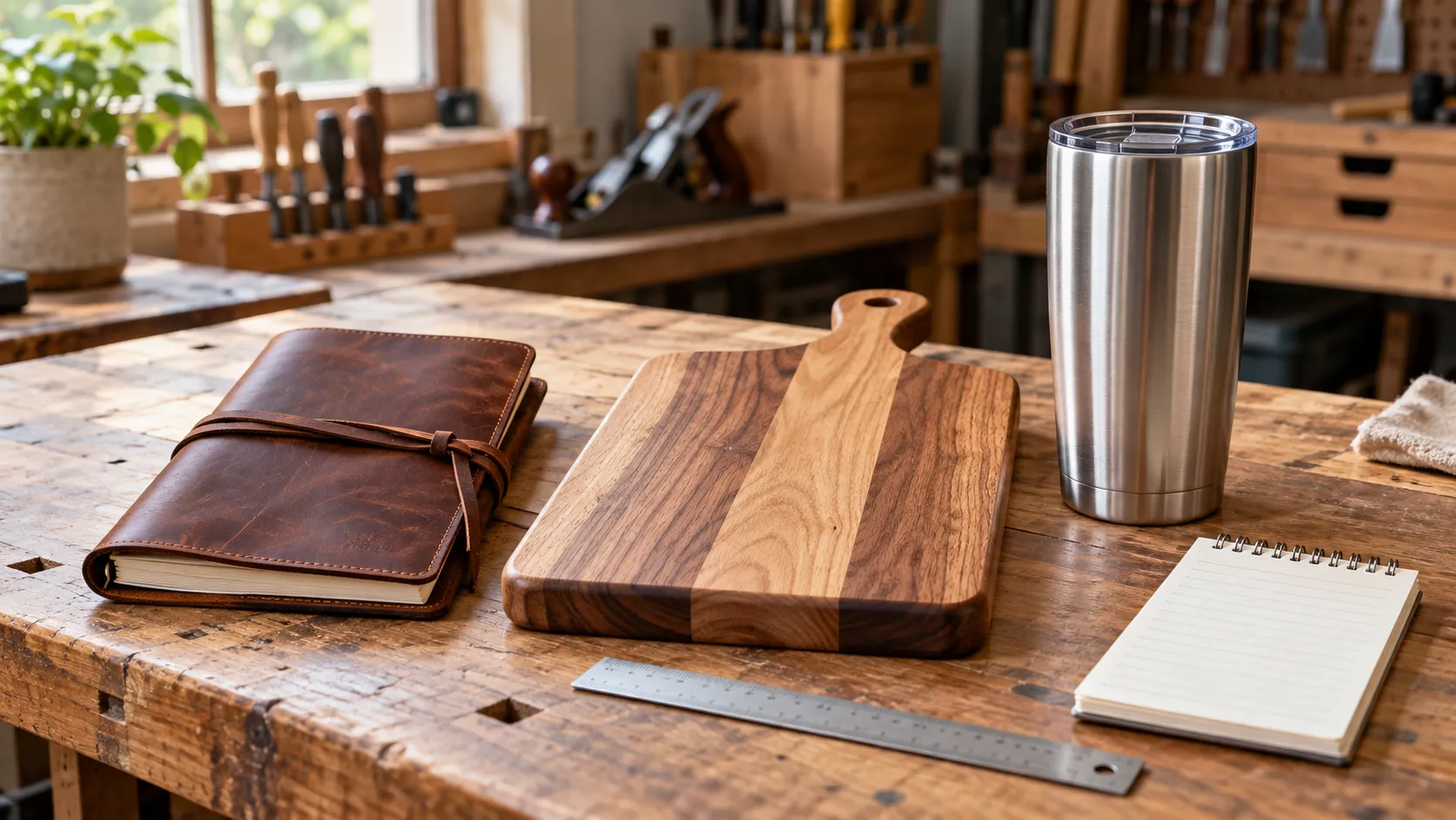 Leather journal, wooden cutting board, and metal tumbler on a workbench ready for engraving