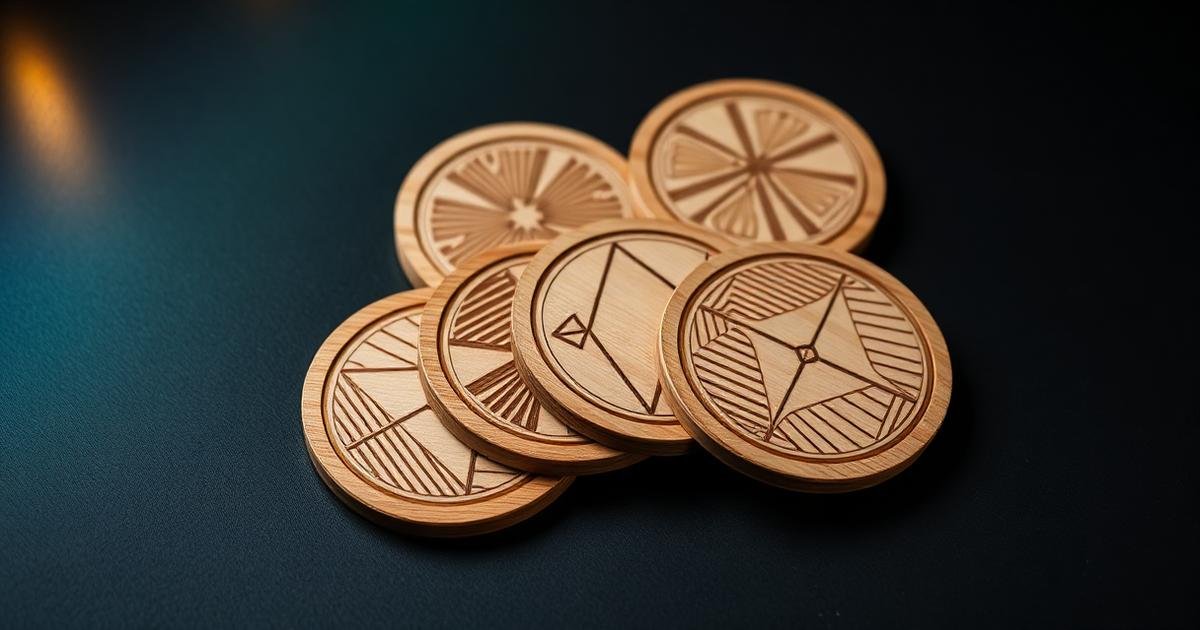 A set of engraved wood coasters arranged on a table next to two filled drinking glasses.