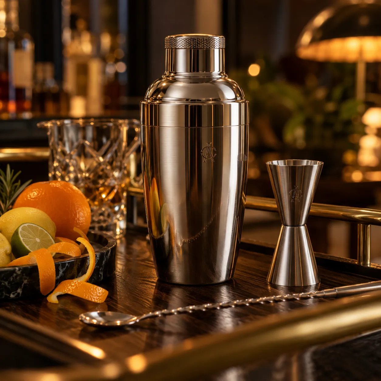 Close-up of a stainless steel cocktail shaker and matching jigger with subtle engraved initials