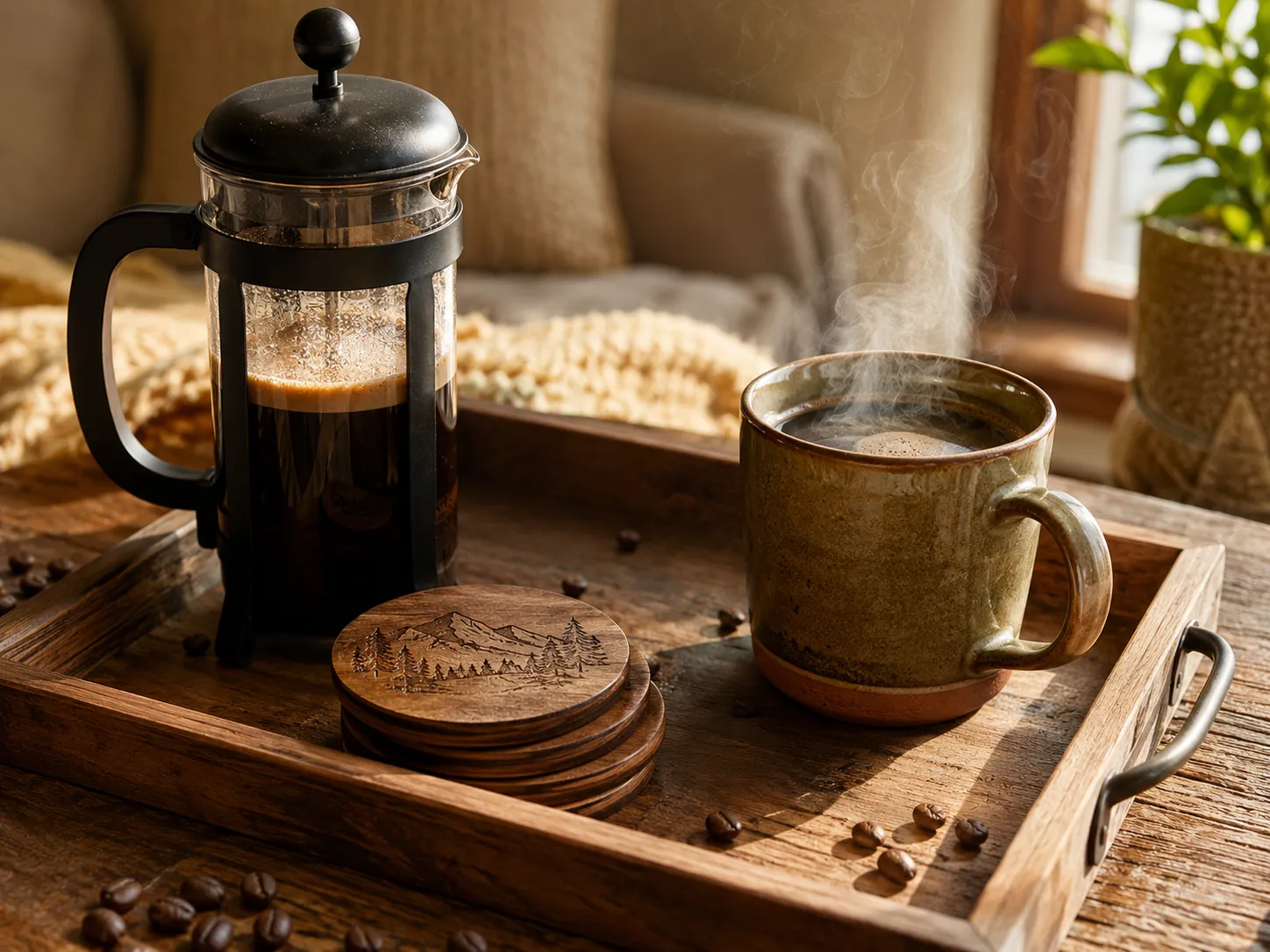 Cozy morning scene on a kitchen counter showing a wood coffee tray holding a French press