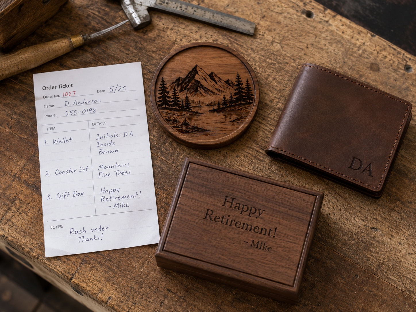 Overhead shot of a rustic wood workbench in a laser engraving workshop