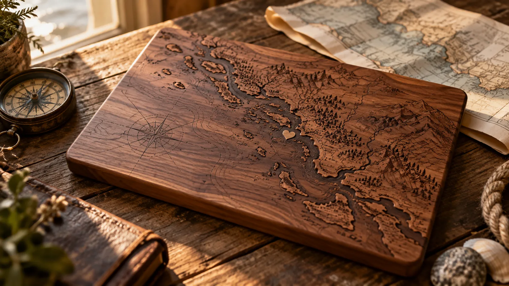 Engraved walnut board with a detailed coastal map beside a compass and paper map