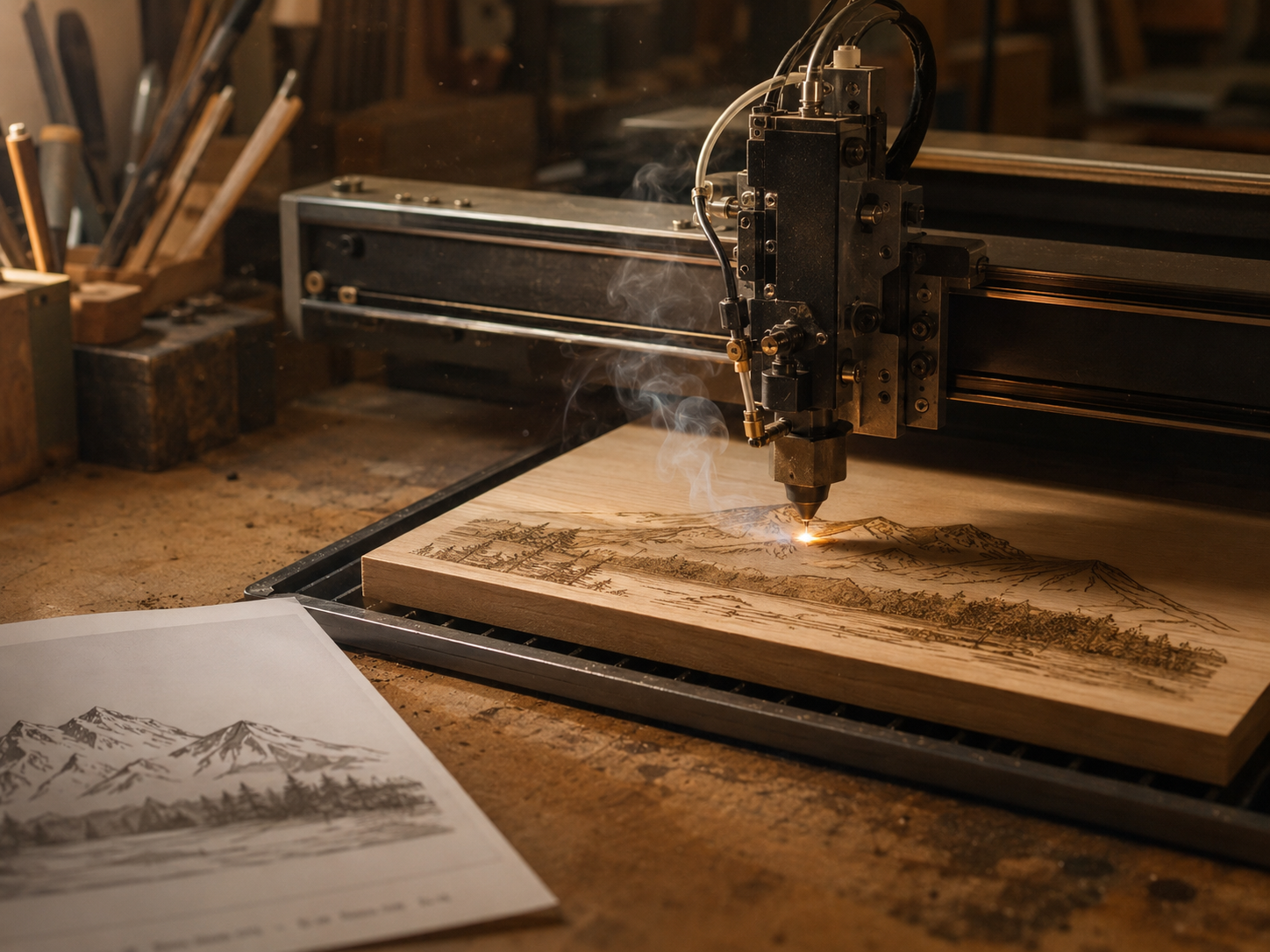 Side-by-side style product photo showing a laser engraving machine mid-operation on a piece of light maple wood