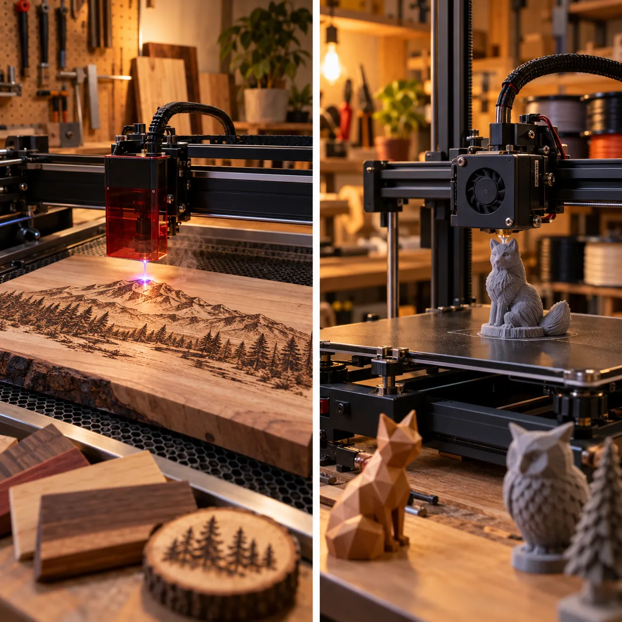 Workshop split composition showing a laser engraver working on a wood sign on one side and a 3D printer mid-print on a small figurine on the other