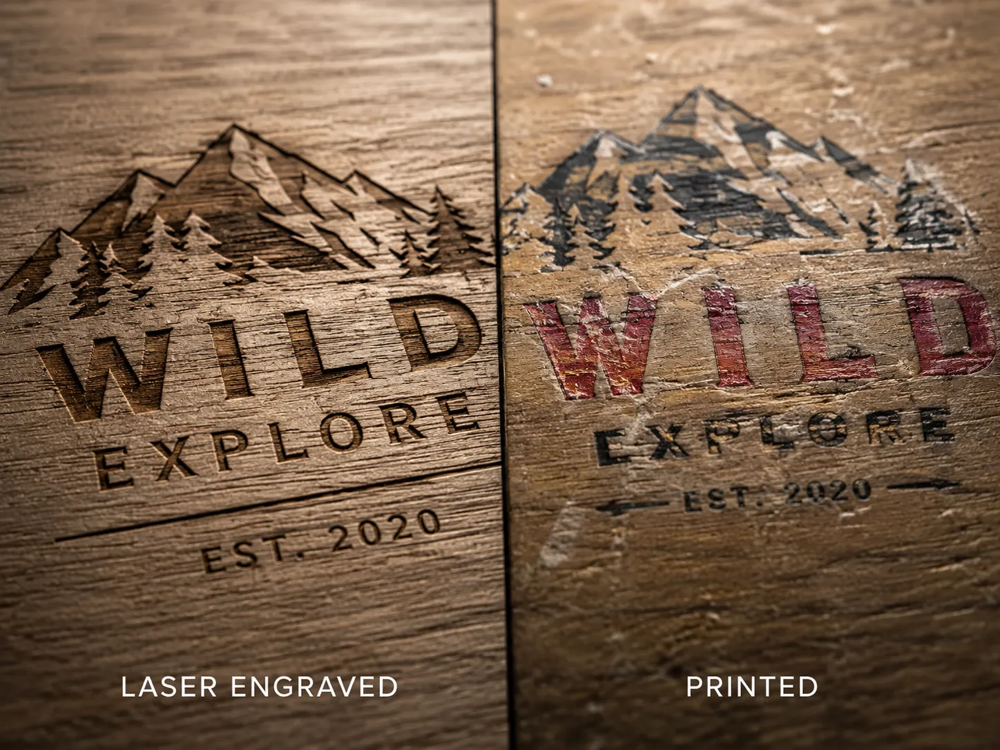 Macro close-up shot comparing textures: one half of the frame shows a laser-engraved design cut into dark wood grain