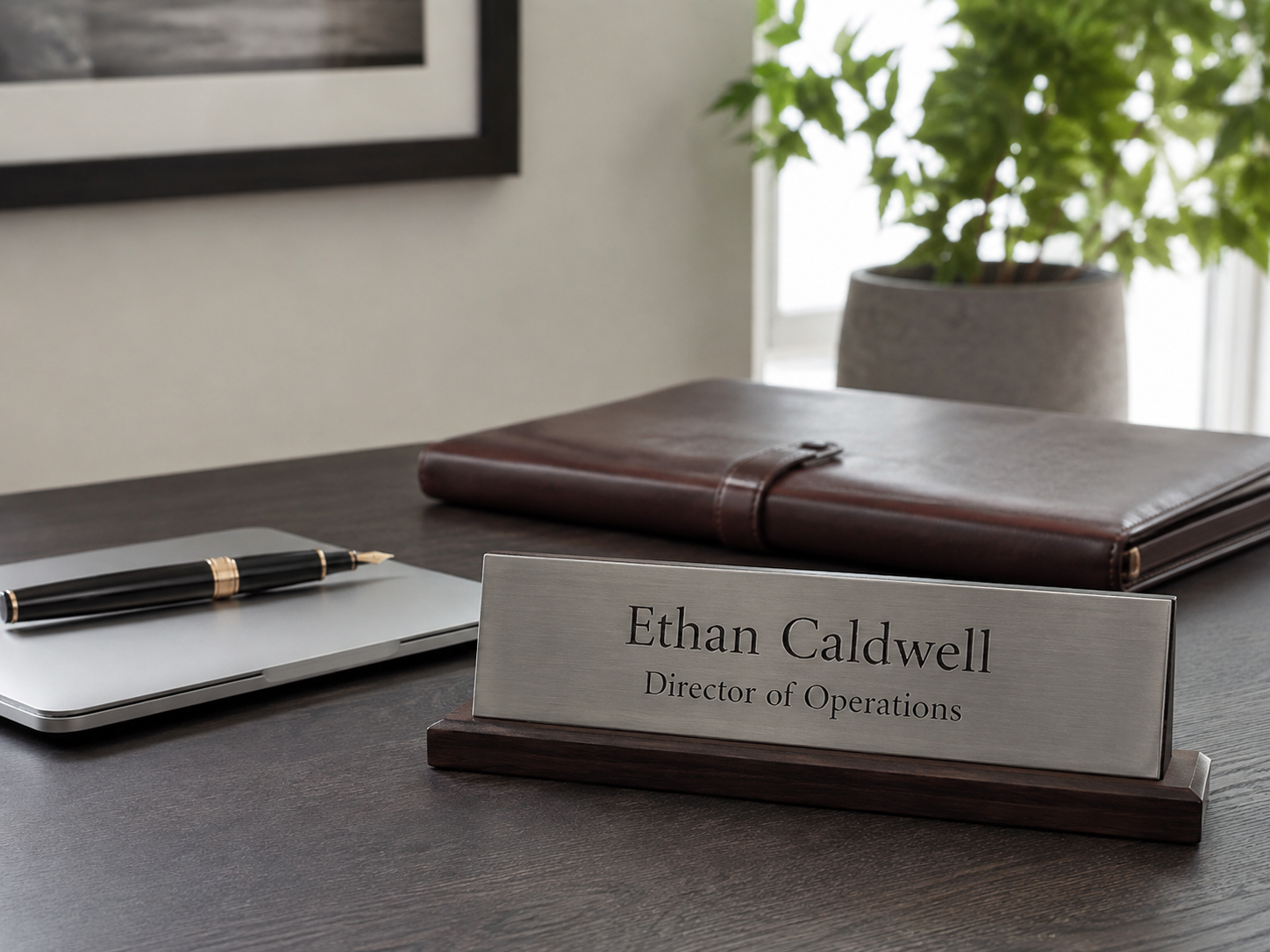 Close-up of a clean modern desk setup with a dark wood or matte black engraved nameplate