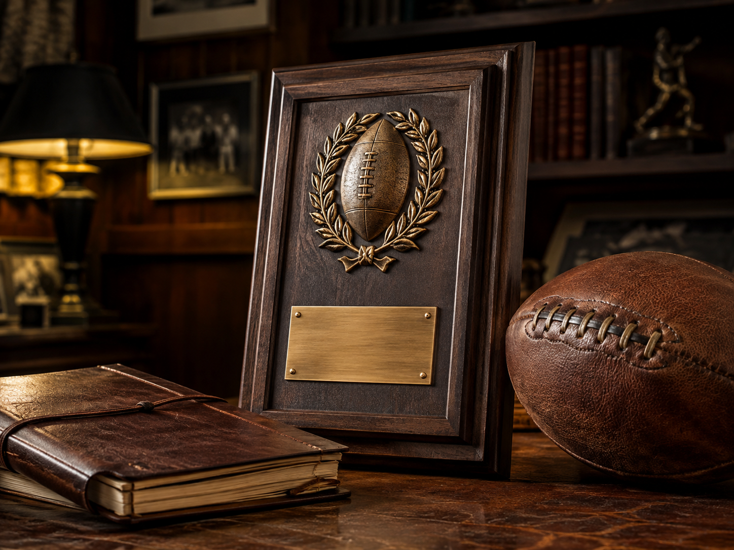 Product shot of a dark walnut wood trophy plaque engraved with a football emblem and blank nameplate area