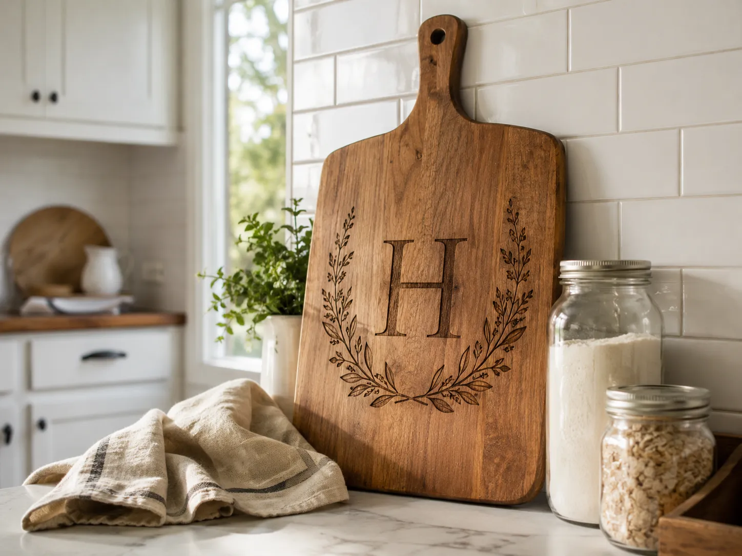 Farmhouse kitchen scene with a large engraved wood cutting board leaning against a white subway tile backsplash