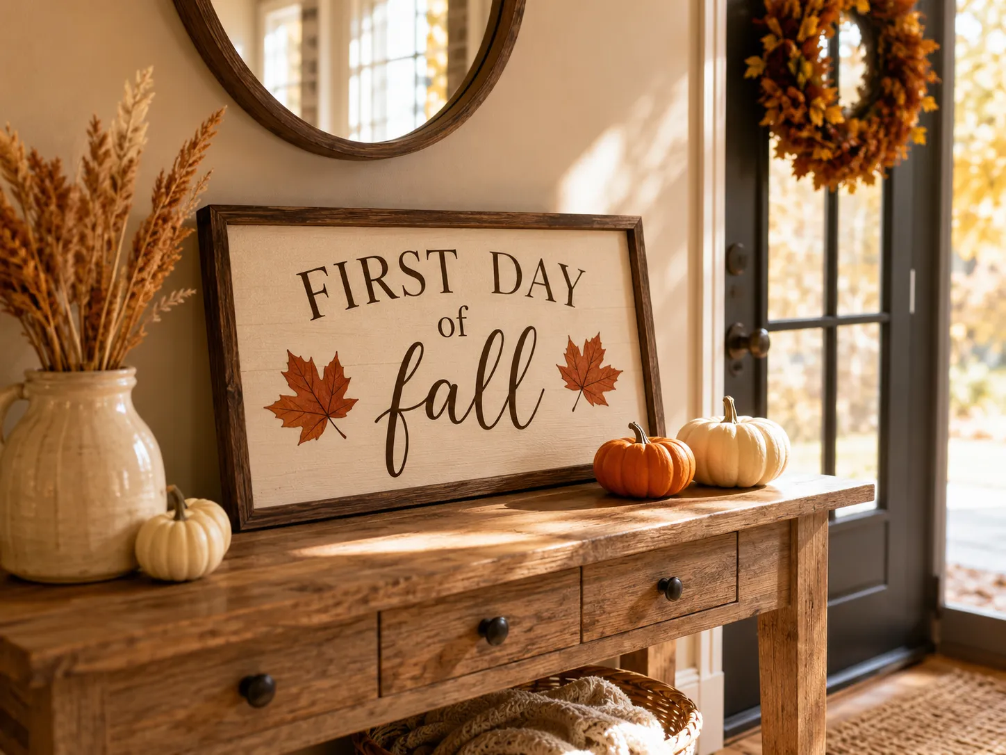 Cozy autumn entryway scene showing a wood sign with a decorative leaf motif border resting on a console table