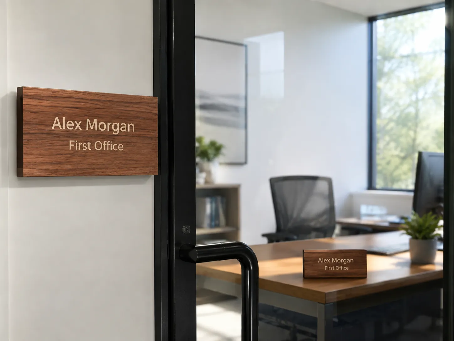 Bright and modern private office scene showing a wood engraved nameplate on a glass office door