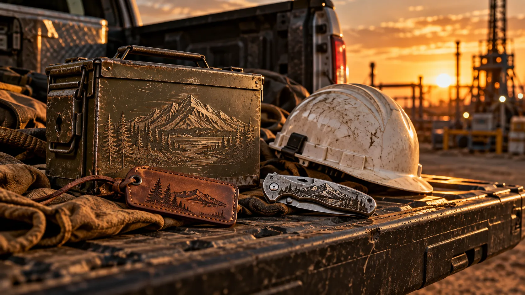Engraved metal ammo can gear box, leather tool tag, knife, and hard hat on a work truck tailgate