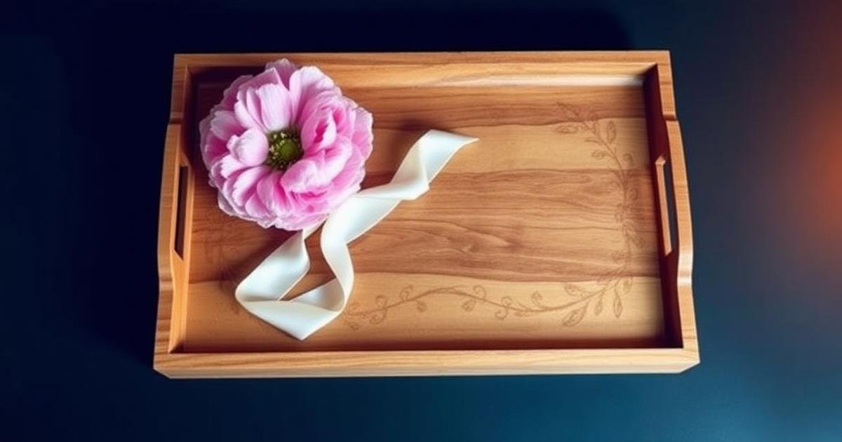 A collection of engraved wooden gift tags and a small keepsake box arranged on a table as gift options.