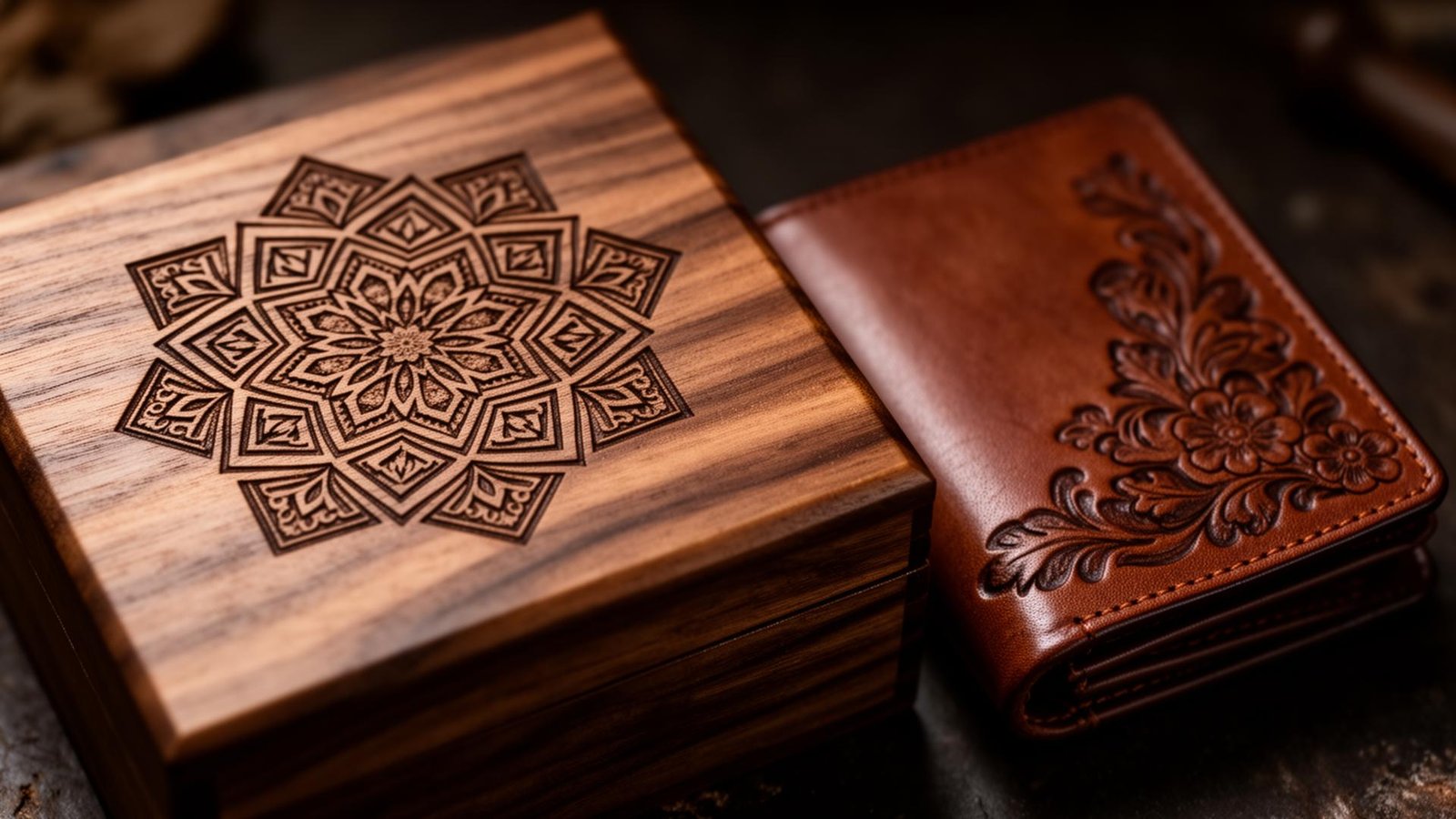 Laser engraved walnut gift box and engraved leather wallet showing clean, sharp engraving
