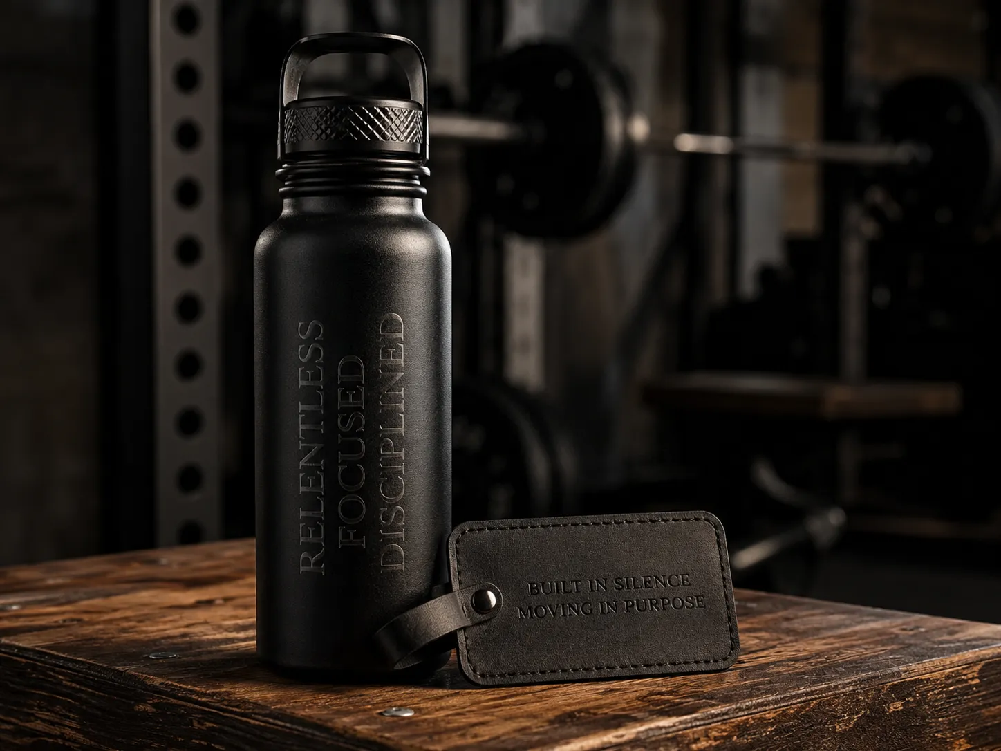Product shot of a matte black engraved metal water bottle and a small leather gym bag tag resting on a wood gym bench
