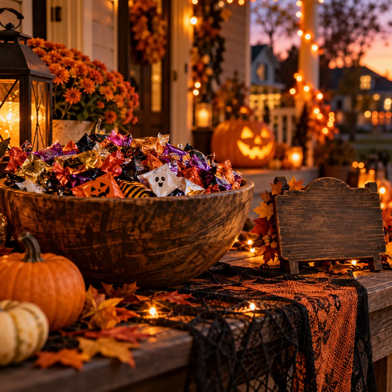 Halloween party scene showing a large wood bowl filled with wrapped candy on a decorated porch table