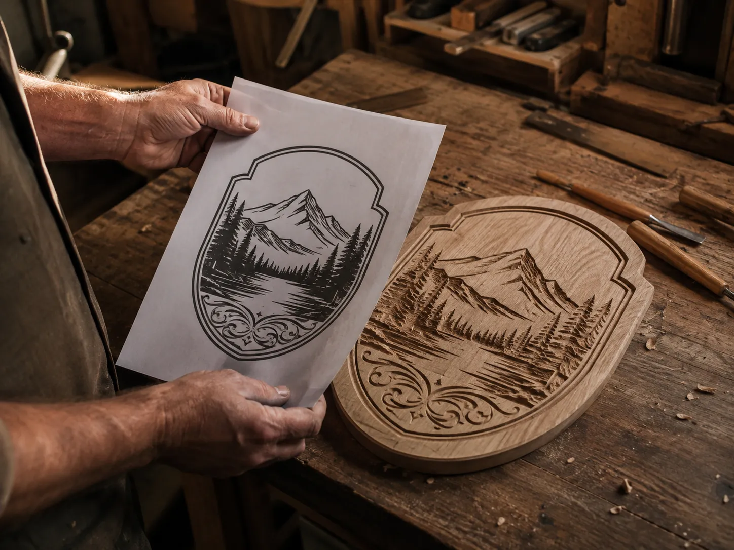Workshop scene showing a craftsman's hands holding up a printed design proof next to a partially finished engraved wood sign on a workbench