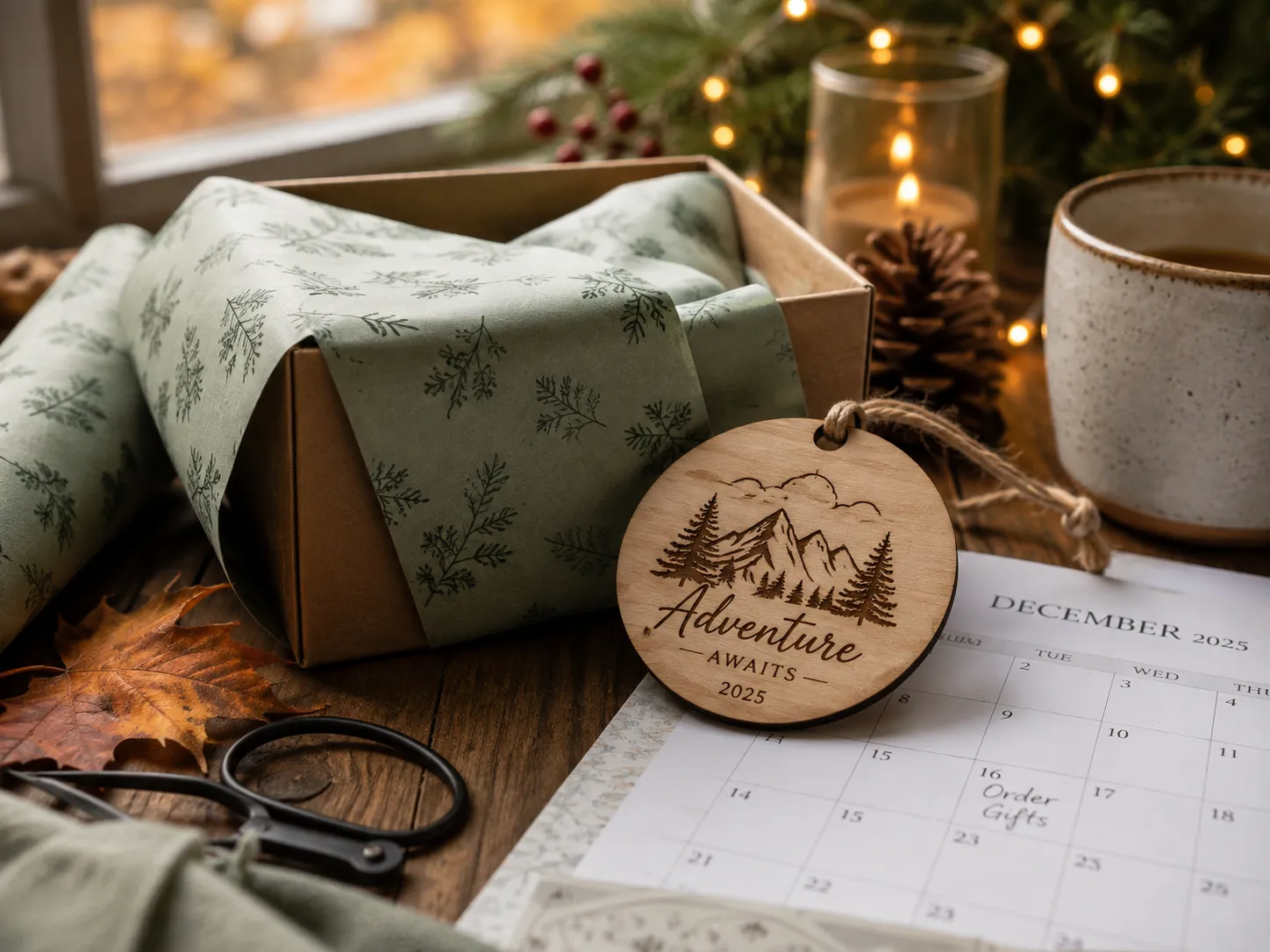 Warm autumn-to-winter transition scene showing a partially wrapped gift box next to a small engraved wood ornament and a calendar page visible in the background