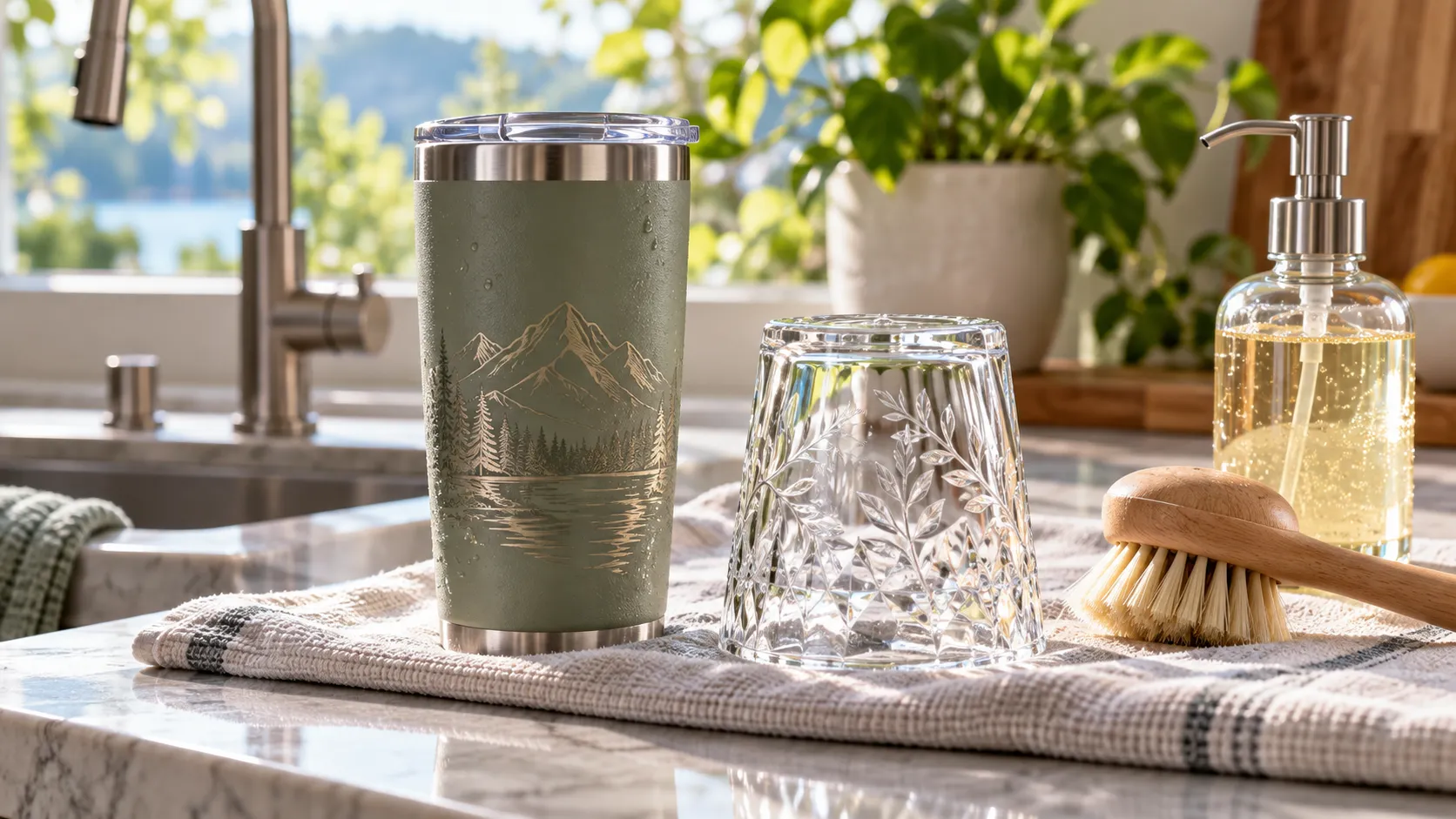 Engraved tumbler and crystal glass drying on a towel with a soft brush and dish soap