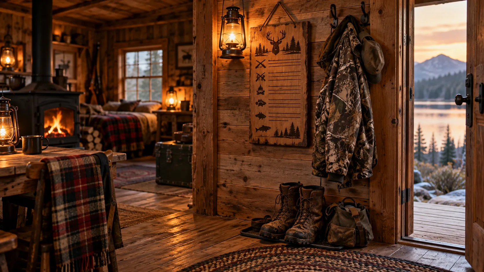Engraved wood camp rules sign hanging by the door of a rustic hunting cabin