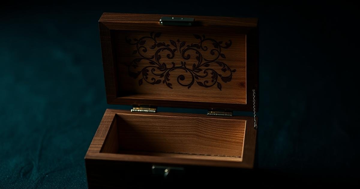 An open wooden jewelry box with an engraved name on the lid, sitting on a dresser.