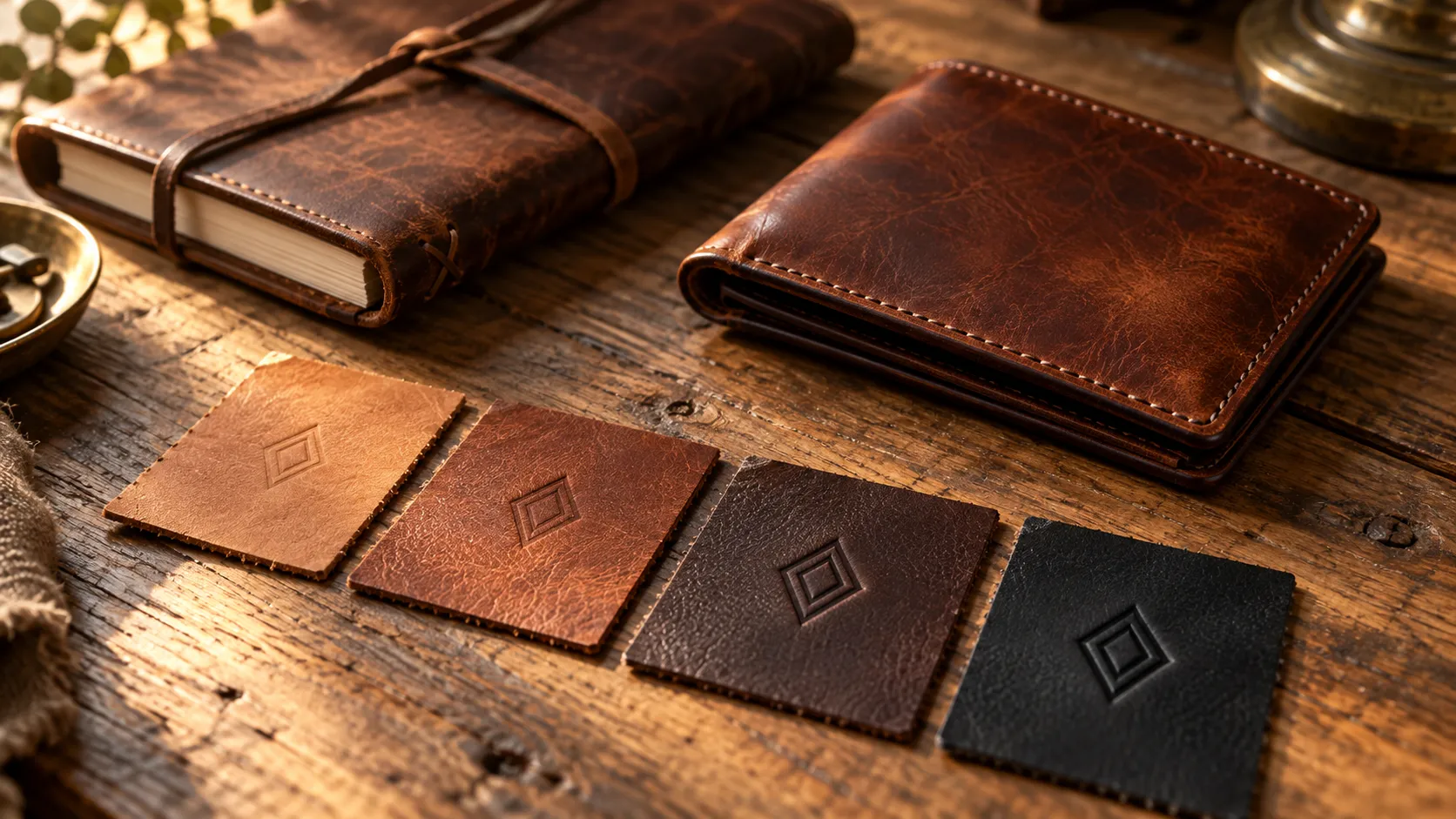 Four leather swatches in different colors with engraved monograms beside a leather wallet and journal