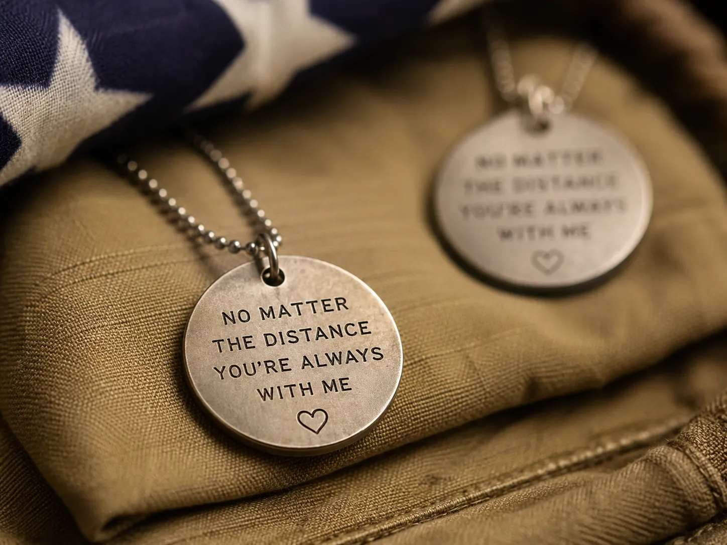 Close-up of two small matching engraved metal dog-tag-style pendants resting on a folded American flag or khaki fabric background