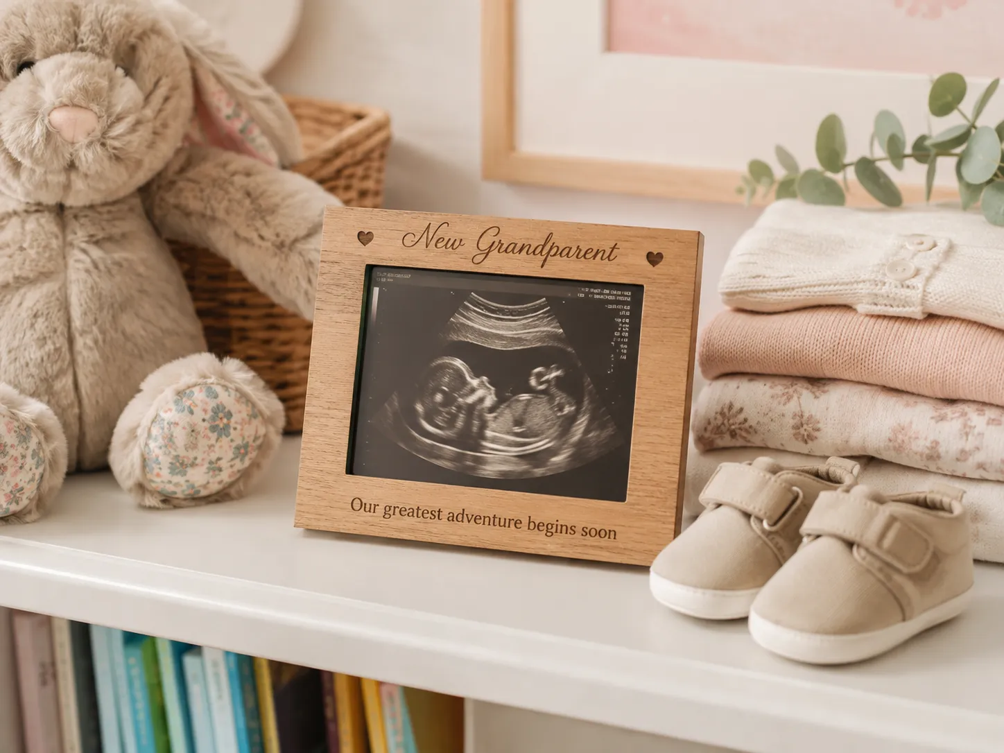 Close-up of a small engraved wood frame on a nursery shelf