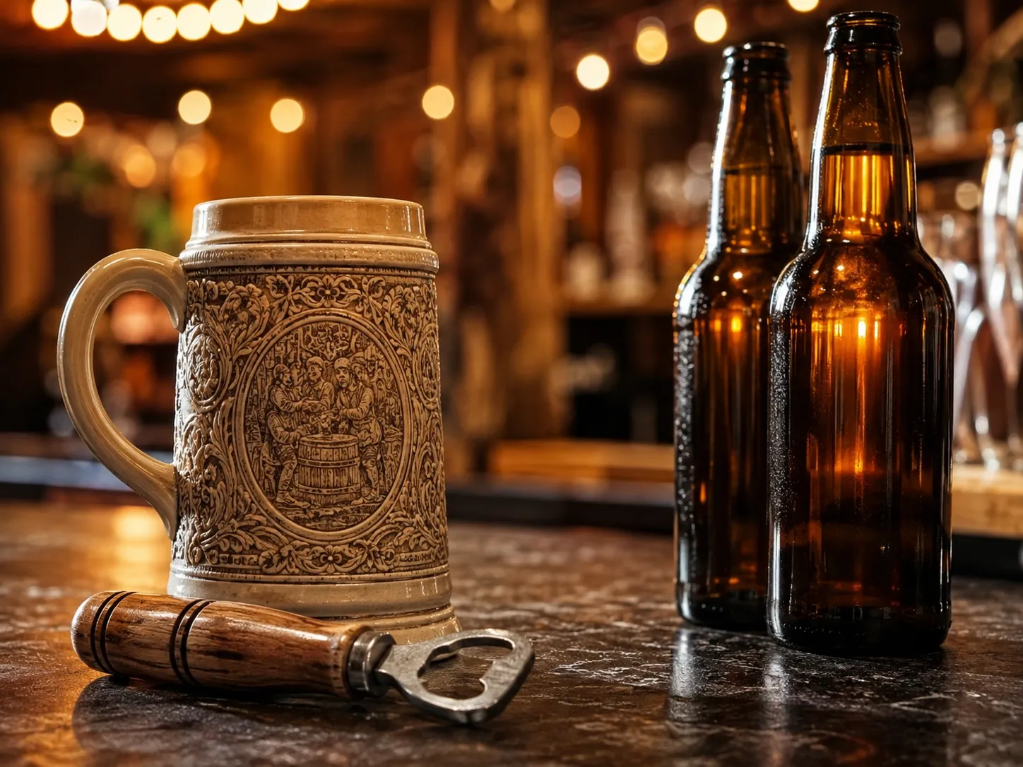 Rustic bar scene showing a wood-handled bottle opener and a ceramic beer stein with a decorative engraved band