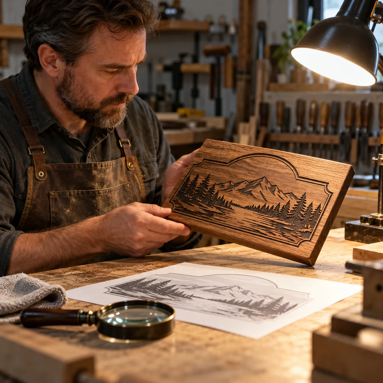Workshop scene showing a craftsman carefully inspecting a finished engraved wood sign against a printed proof sheet under a bright work lamp