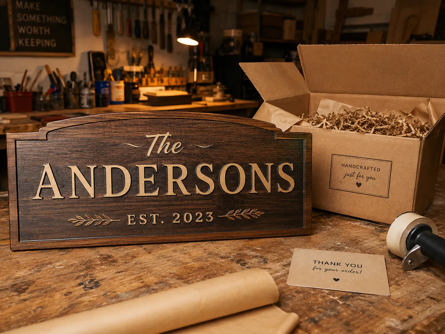 Workshop documentary-style photo sequence feel captured in one frame: a wood sign in the final stages of production on a workbench