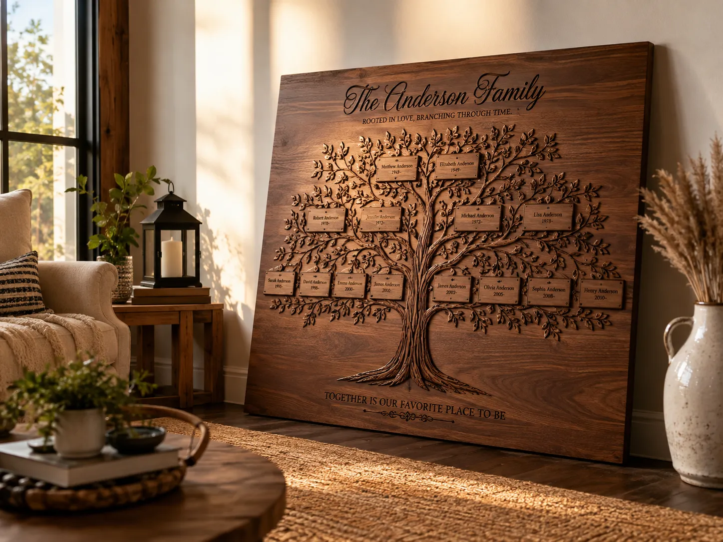 Wide shot of a large detailed walnut wood family tree sign leaning against a living room wall