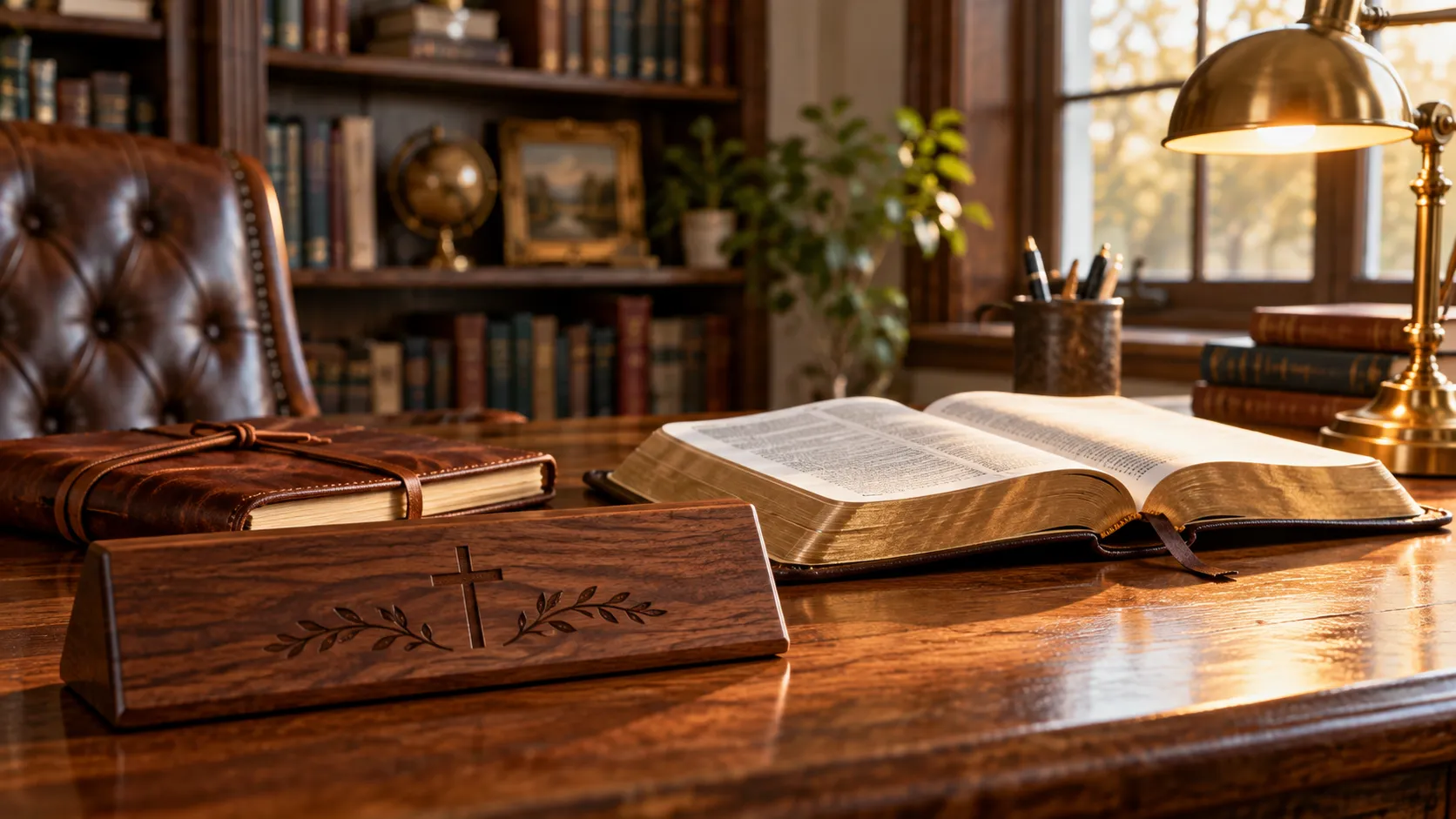 Engraved walnut nameplate, leather journal, and open Bible on a pastor's study desk