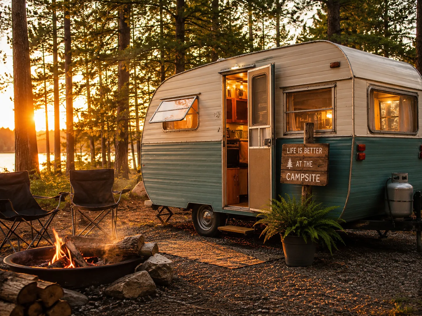 Outdoor lifestyle photo of a vintage-style camper trailer parked in a wooded campsite at golden hour