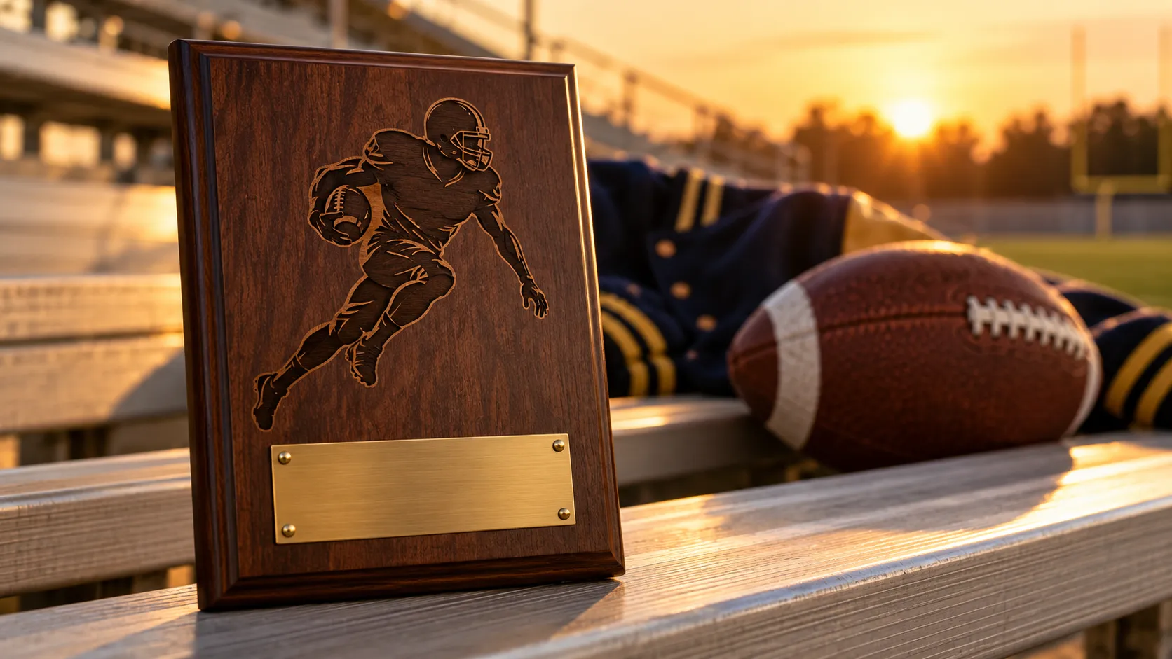 Engraved wood senior night plaque with a football player silhouette beside a football and letterman jacket