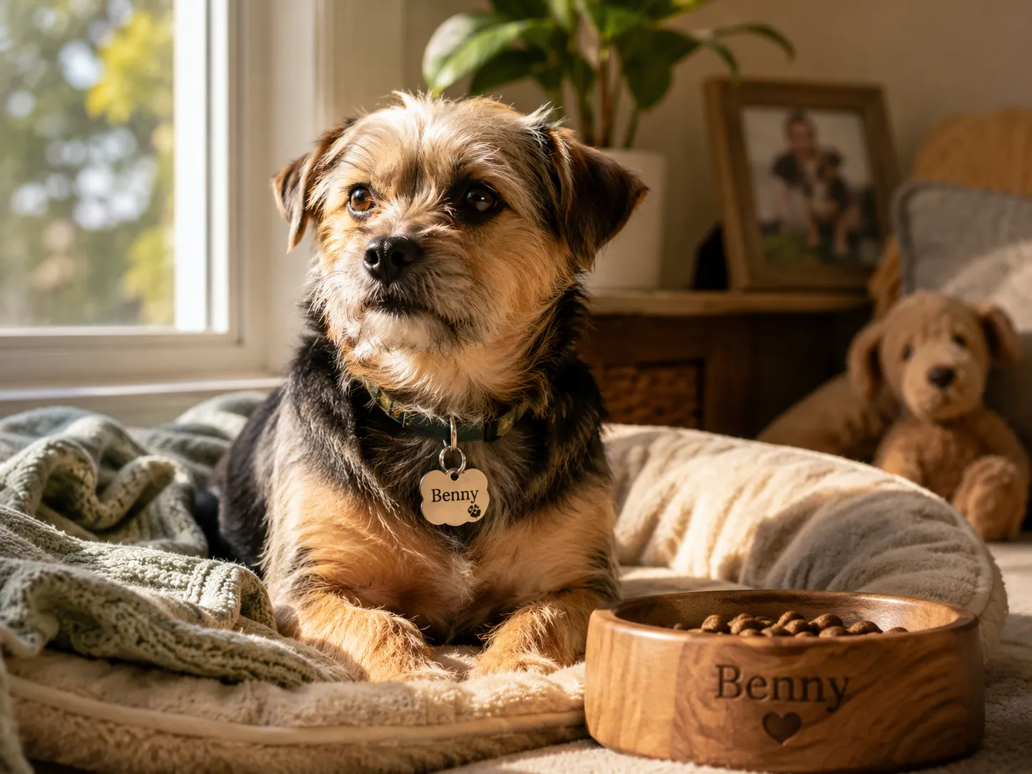 Warm and heartfelt photo of a small dog wearing a new engraved metal ID tag on its collar