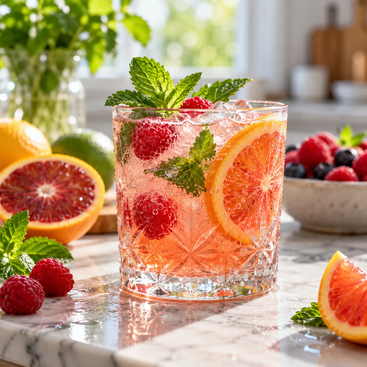 Lifestyle shot of an engraved glass tumbler filled with a colorful sparkling mocktail garnished with citrus and mint