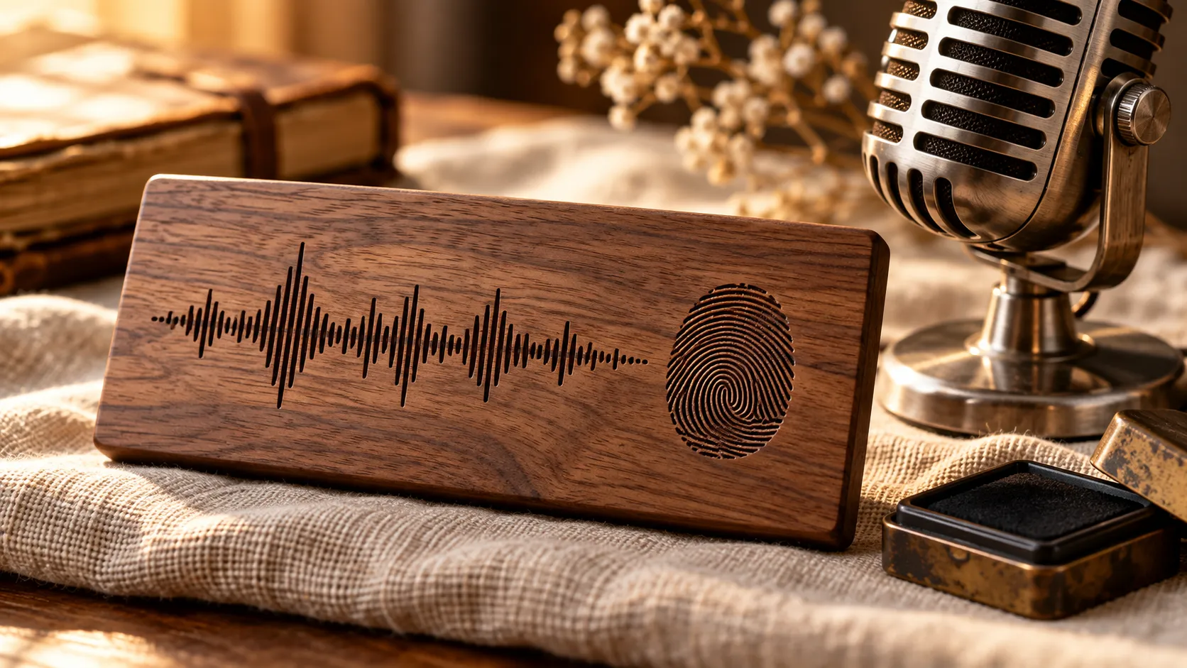 Engraved walnut plaque with a soundwave graphic and fingerprint beside a vintage microphone