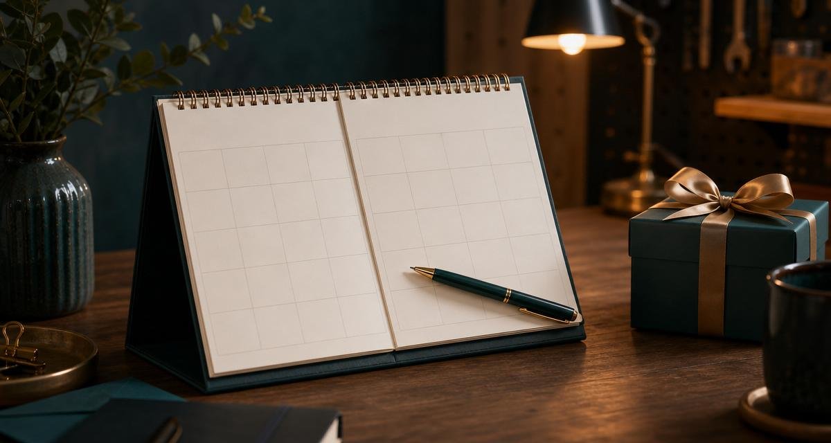 A calendar on a desk with a pen resting on a marked date, next to a small wrapped gift box.