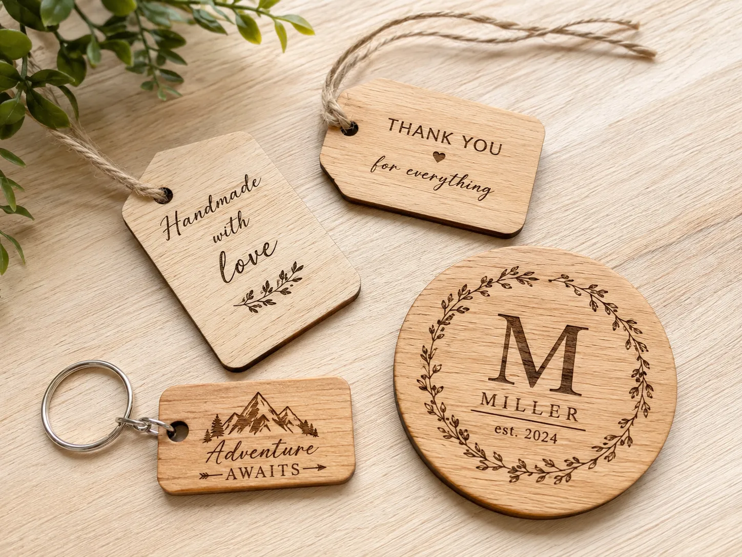 Overhead flat-lay on a light wood surface showing a small stack of engraved wood gift tags