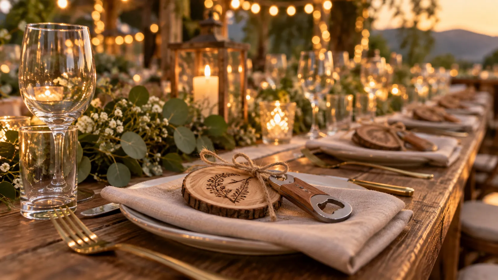 Engraved wood coasters and bottle openers set at wedding reception place settings