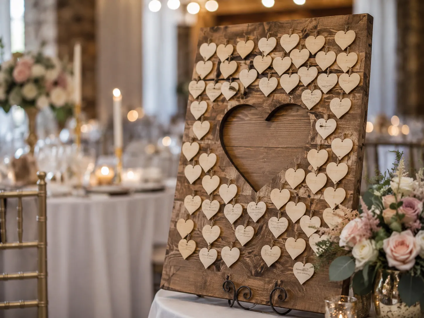 Wedding reception detail shot showing a large rustic wood sign with a heart-shaped cutout and hanging wood hearts on delicate string