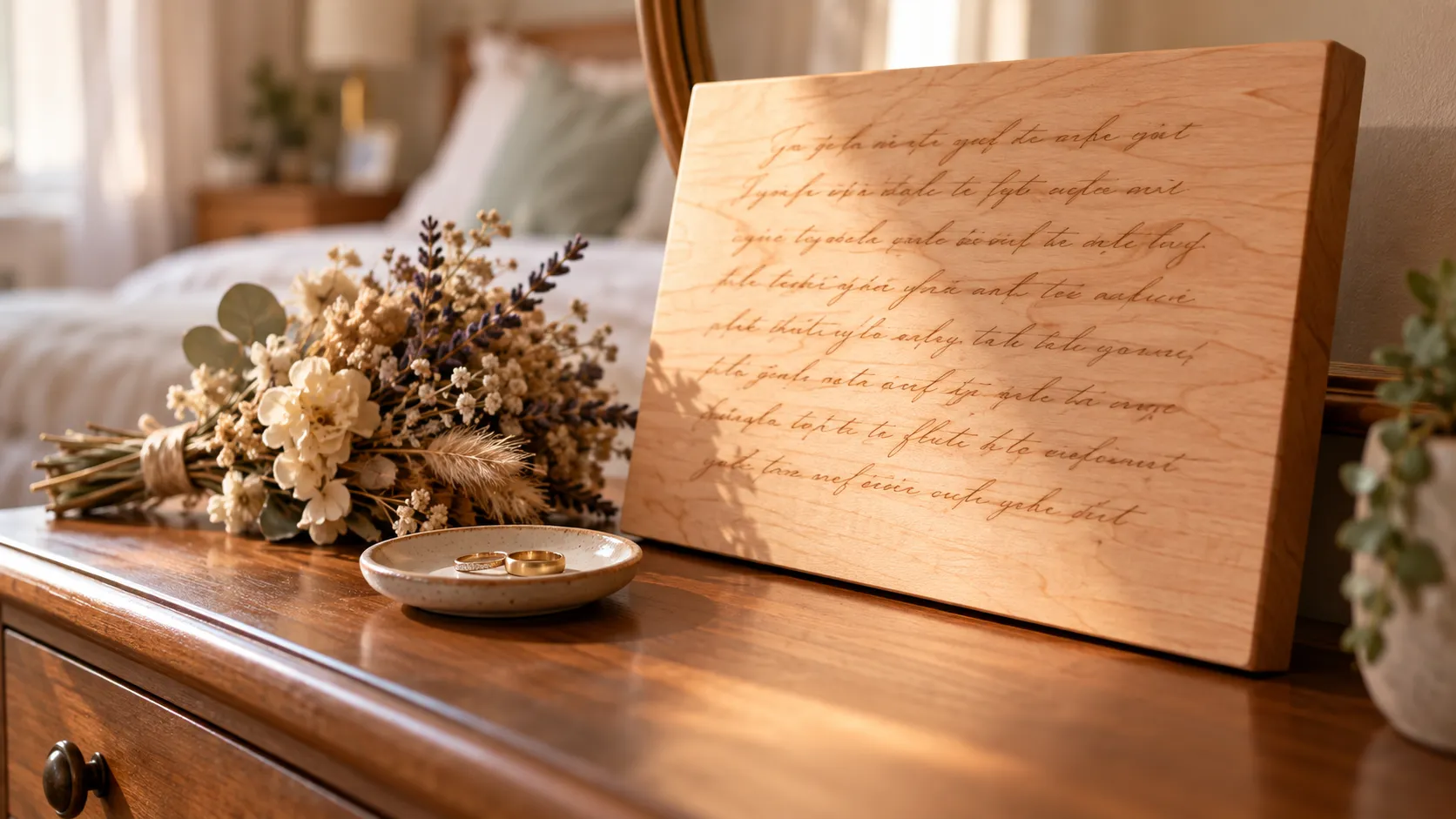 Engraved maple board with script wedding vows on a bedroom dresser beside dried flowers
